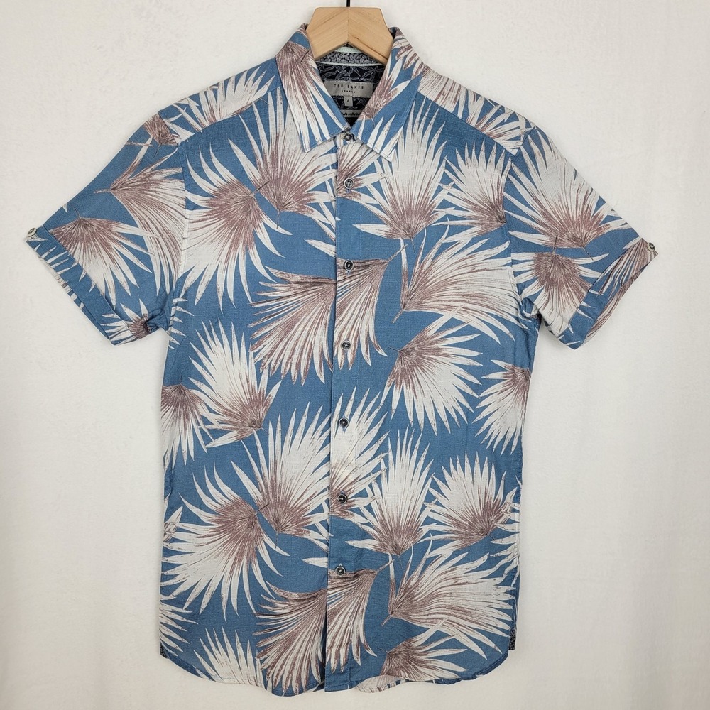 Ted Baker London Men's Blue Palm Leaf Print Cotton Short Sleeve Shirt Size 2